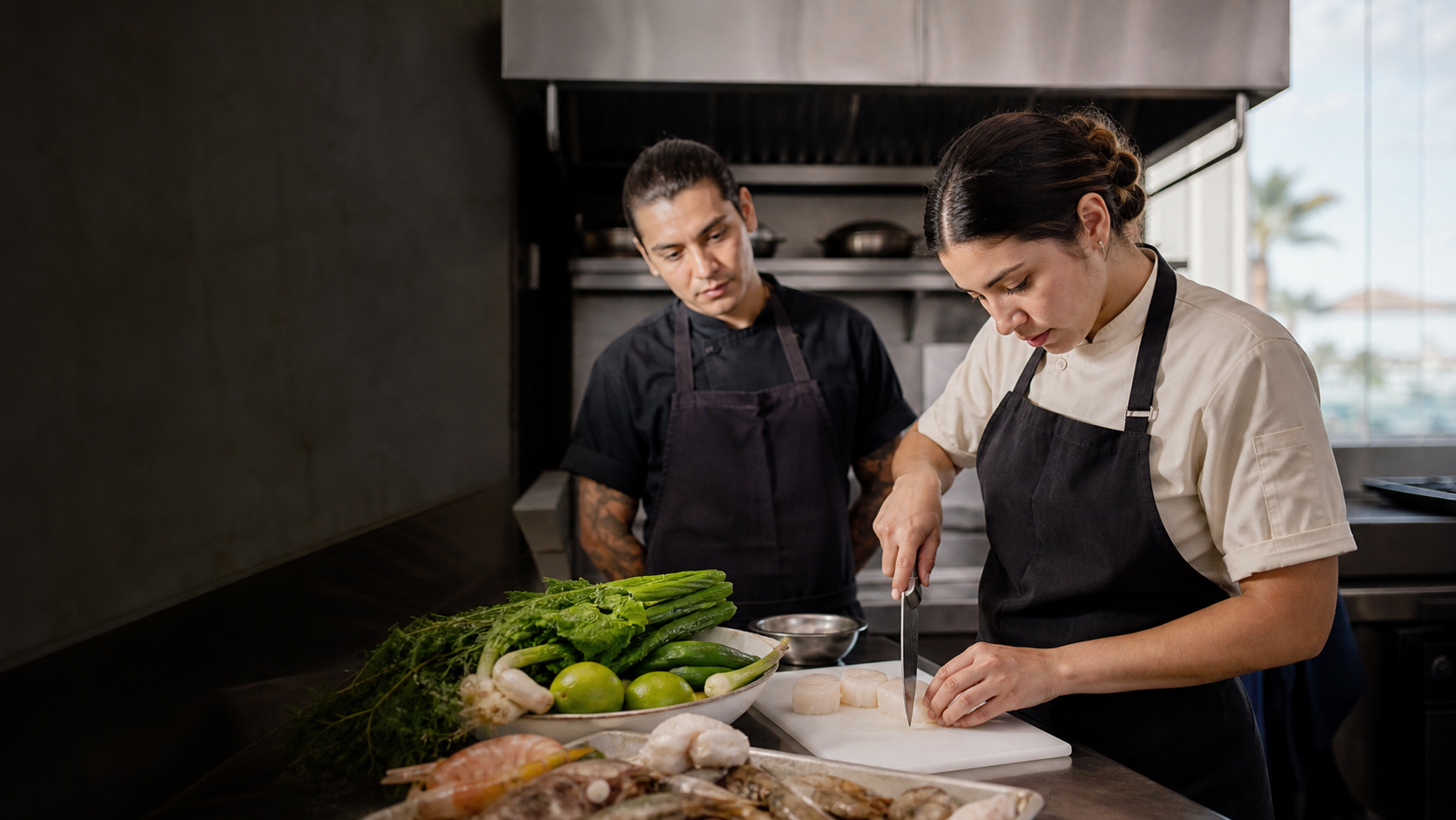 Estudiante de cocina practica técnica de corte bajo supervisión en una cocina profesional de Baja California.