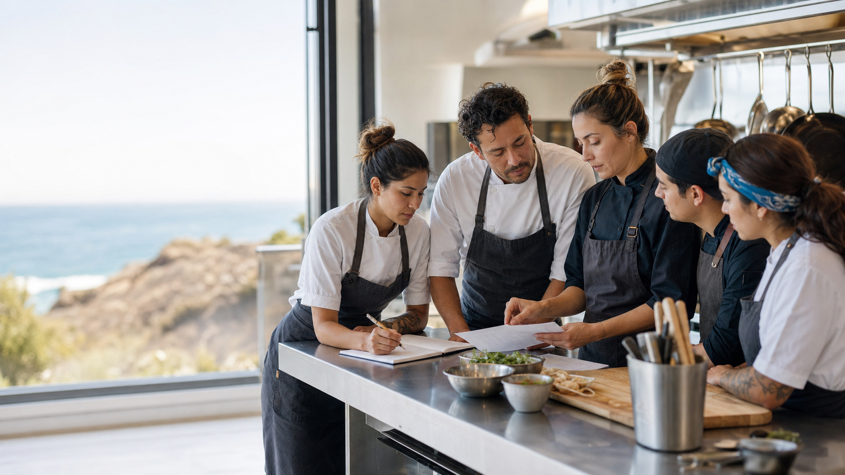 Equipo culinario revisando una ruta de aprendizaje y competencias en una cocina de Baja California.