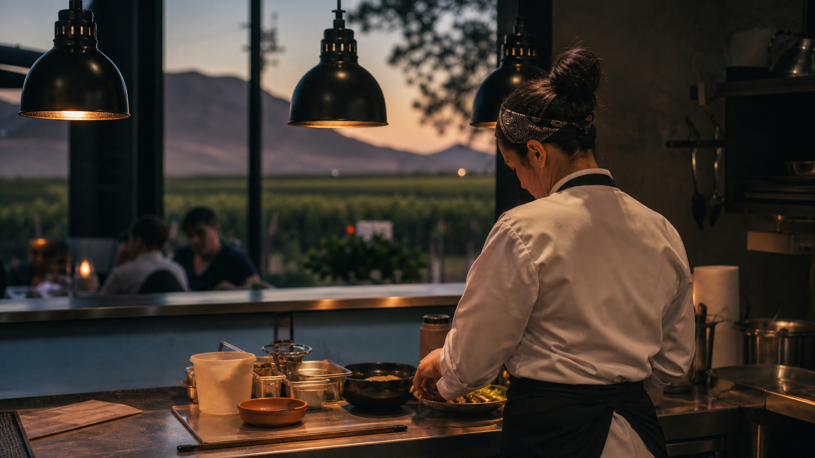 Cocinera profesional durante servicio en un restaurante del Valle de Guadalupe, Baja California.