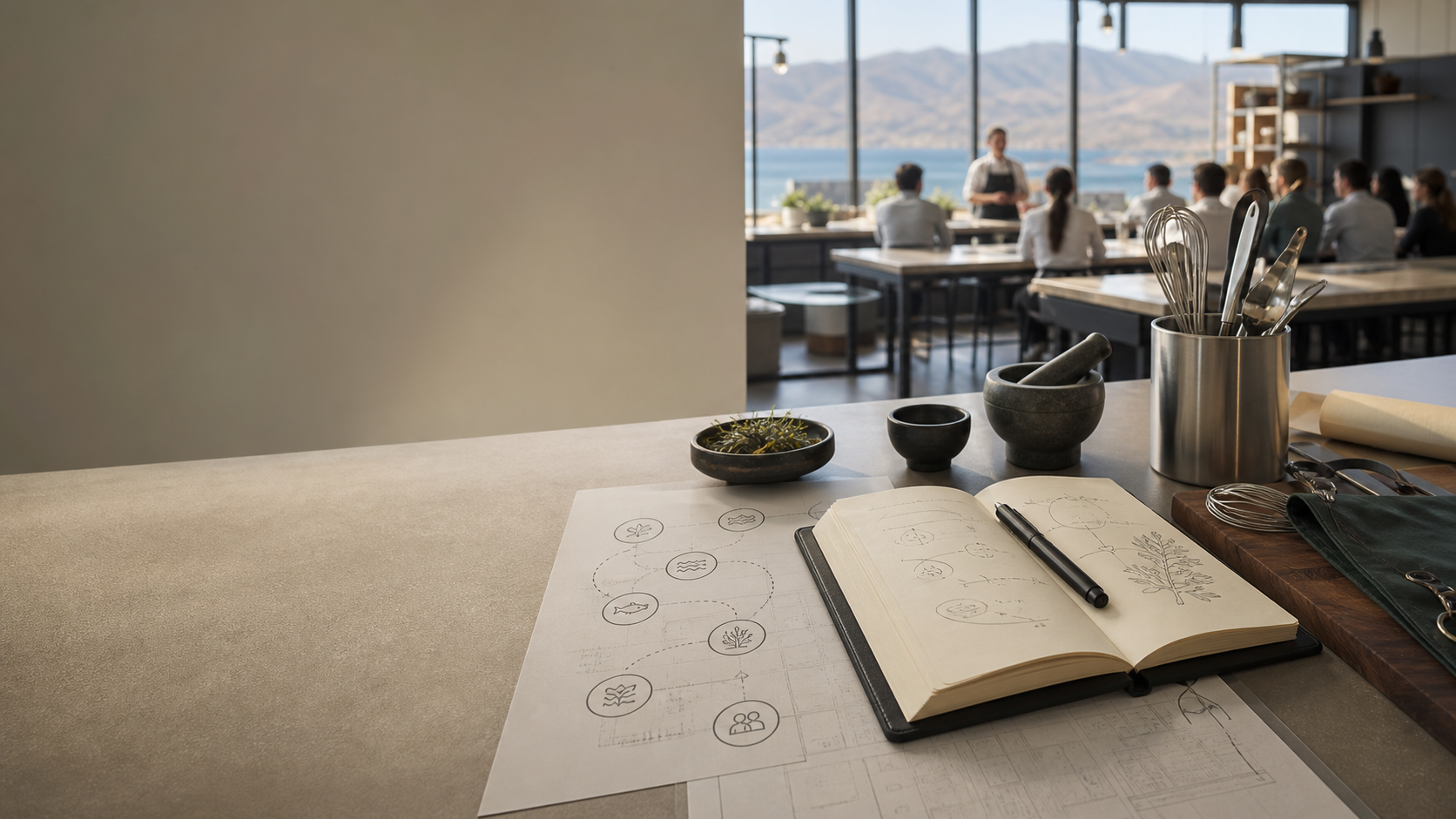 Espacio de aprendizaje culinario con herramientas profesionales y un cuaderno de arquitectura de procesos frente al paisaje de Ensenada.