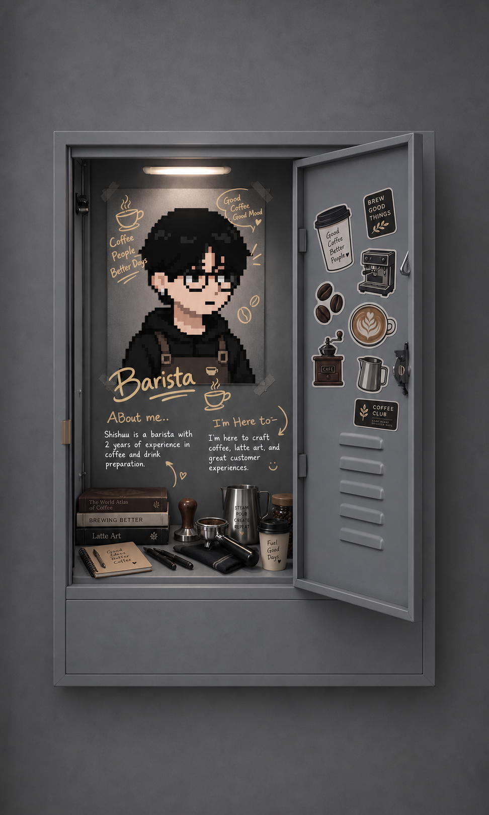 Gabinete de aprendizaje de barismo con herramientas y una ilustración de estudiante